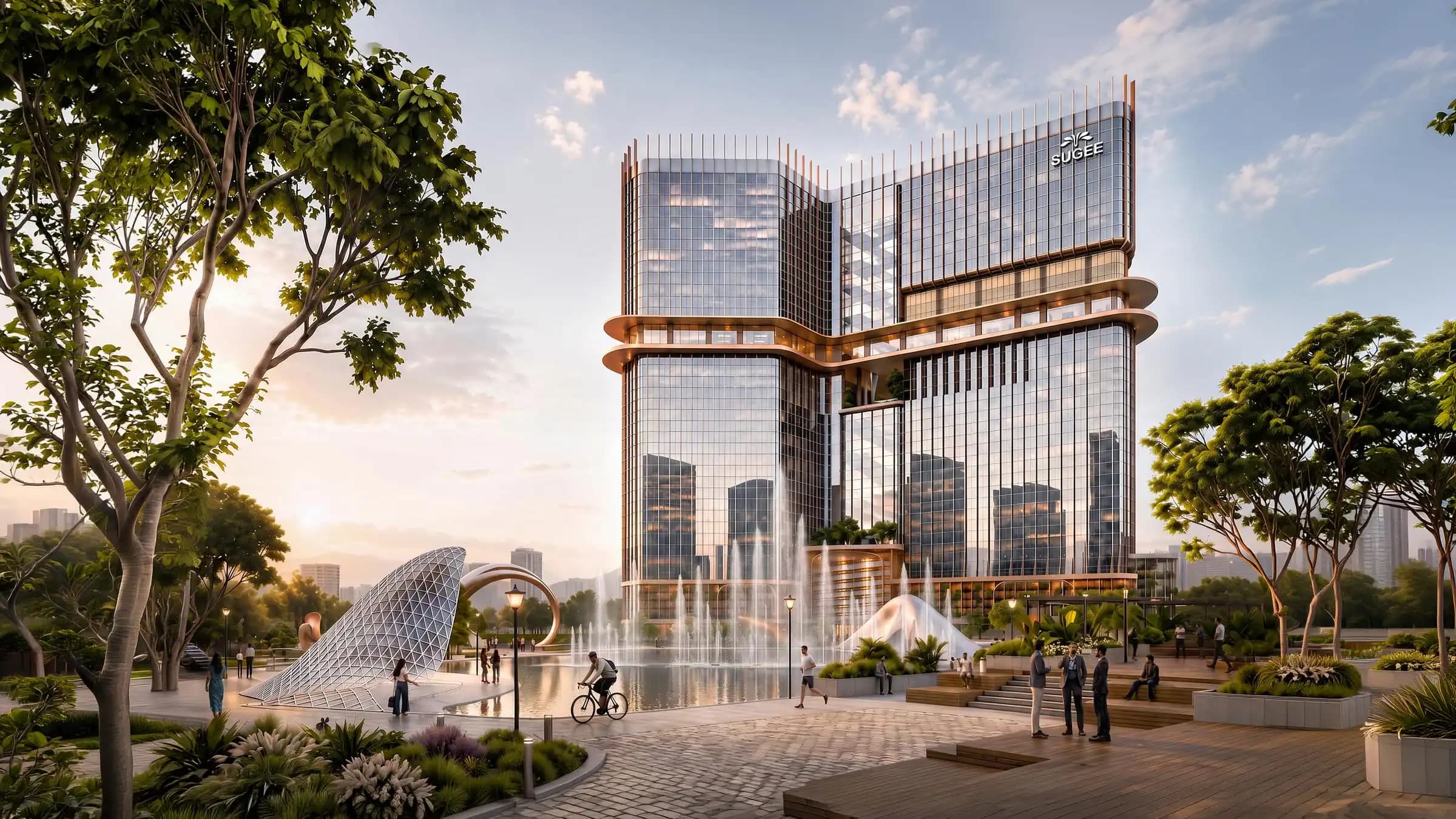 Sugee Lake District tower rising above the lakefront plaza at Cadbury Junction, Thane